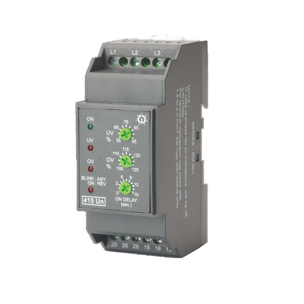 GIC Voltage Monitoring Relay SM 501 415 VAC, UV / OV (110% Fixed) & SPP with Selectable Asymmetry (5%-17%), 2 C/O MB53BM