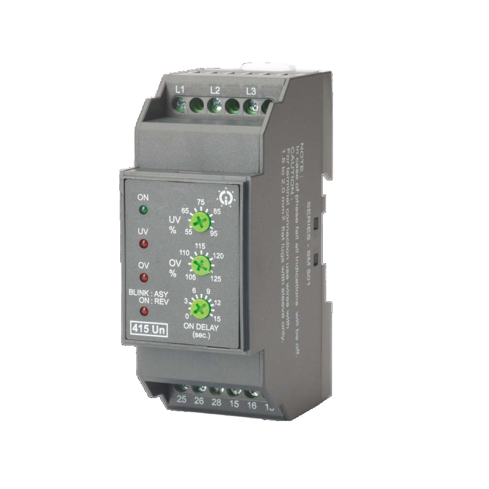 GIC Voltage Monitoring Relay SM 501 415 VAC, UV / OV & SPP with Selectable OFF Delay (0.5-15 Sec), 2 C/O MG53BF