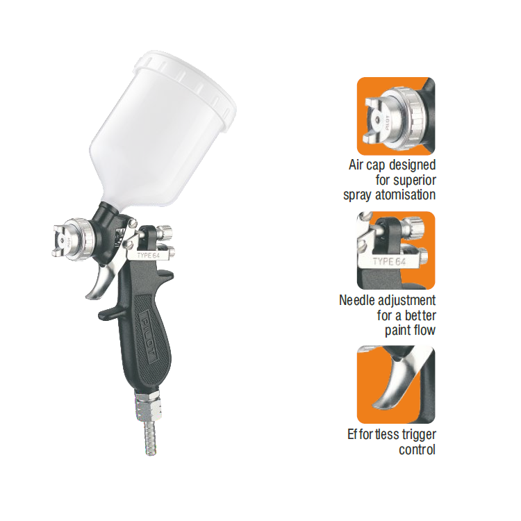 Pilot Spray Gun with Plastic Top Feed Cup 0.34L Capacity Type-64N Pilot Spray Gun with Plastic Top Feed Cup 0.34L Capacity Type-64N