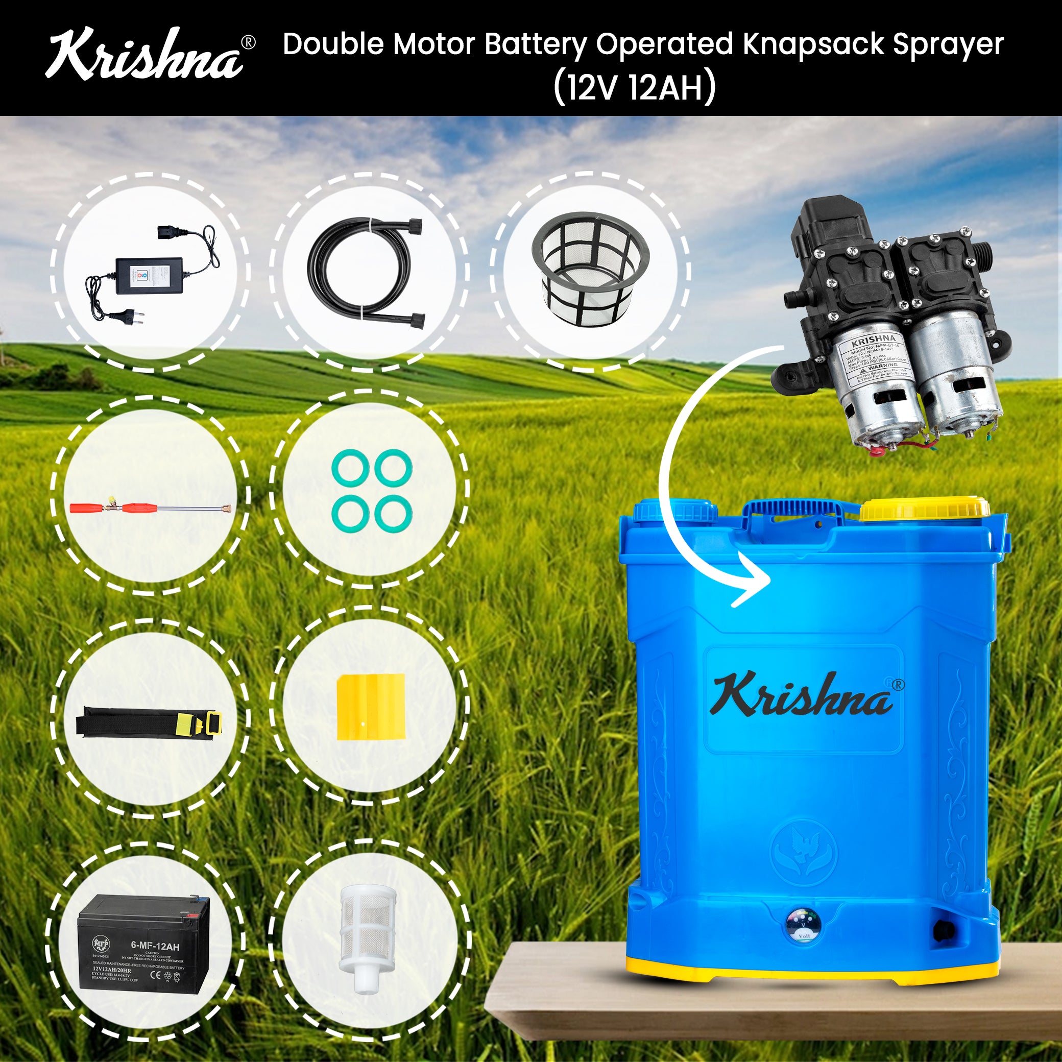 Krishna Double Motor Battery Operated Sprayer For Pesticides 20L 12V 12AMP MFP-BT-DM