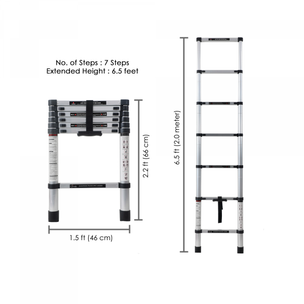 Single Straight Aluminium Telescopic Ladder 7 Steps 2.0m