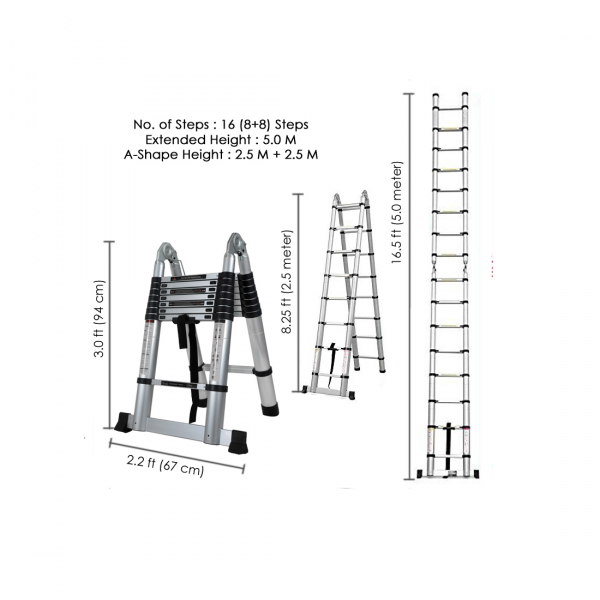 16.5 ft Telescopic Aluminium Ladder 16 Steps A Type Portable Self Support 150Kg Capacity 16.5 ft Telescopic Aluminium Ladder 16 Steps A Type Portable Self Support 150Kg Capacity