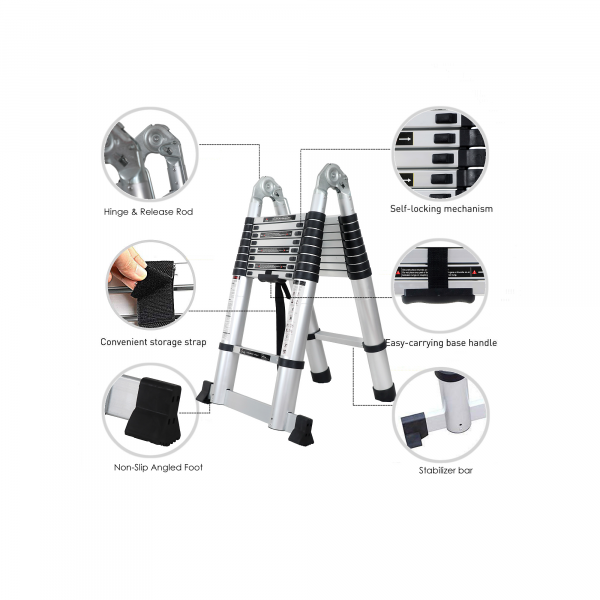 16.5 ft Telescopic Aluminium Ladder 16 Steps A Type Portable Self Support 150Kg Capacity 16.5 ft Telescopic Aluminium Ladder 16 Steps A Type Portable Self Support 150Kg Capacity