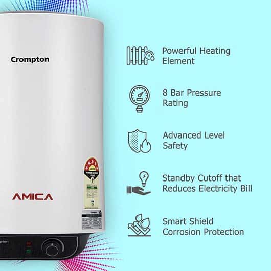 Crompton Storage Water Heater 10L Capacity 5 Star Rated with Corrosion Resistance Amica