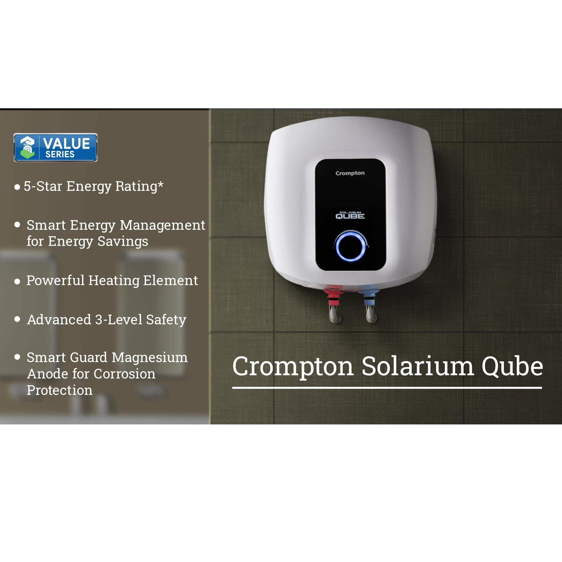 Crompton Storage Water Heater 10L Capacity 5 Star Rated with Powerful Heating Element Solarium Qube