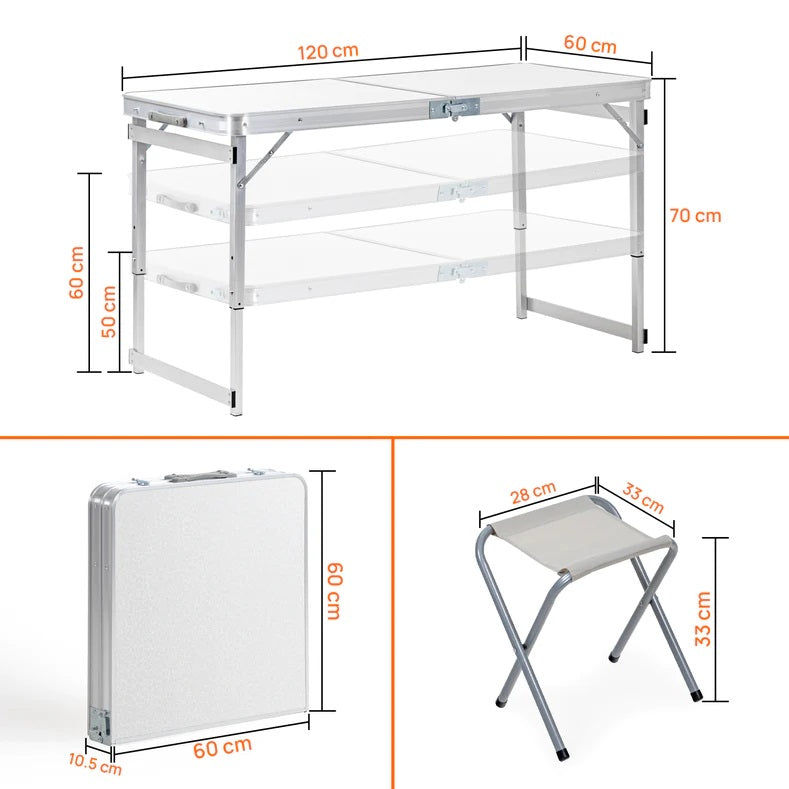 Adjustable Multipurpose Aluminium Folding Table 4 Feet with 4 Mat Chairs White