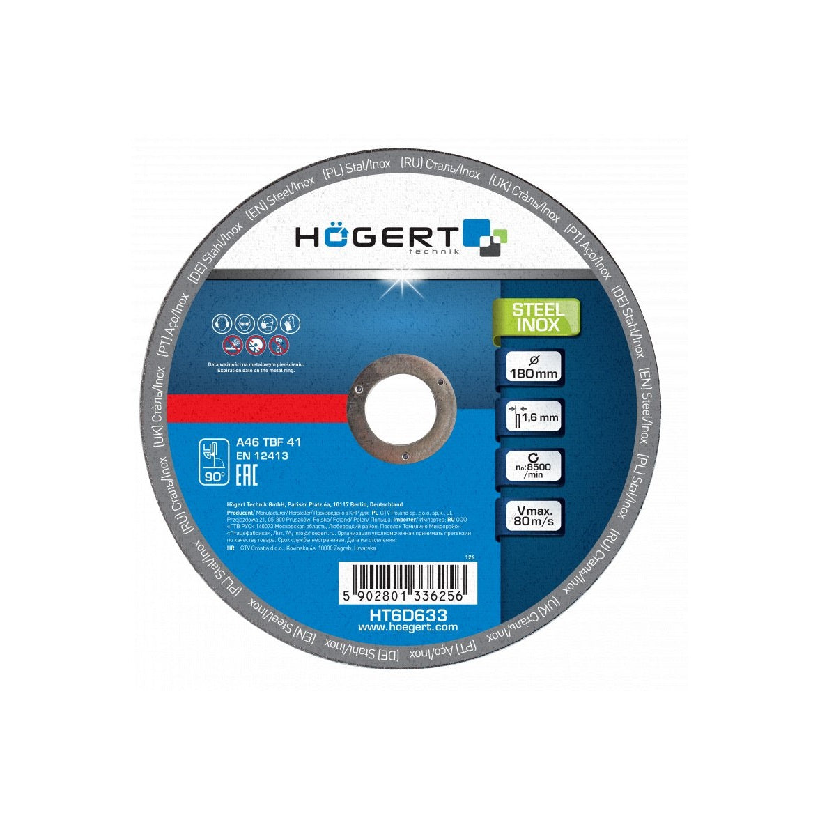 Hoegert Technik Cutting Disc for Metal Inox 10 Pcs Set 180x1.6x22.23 HT6D633 (Pack of 2)