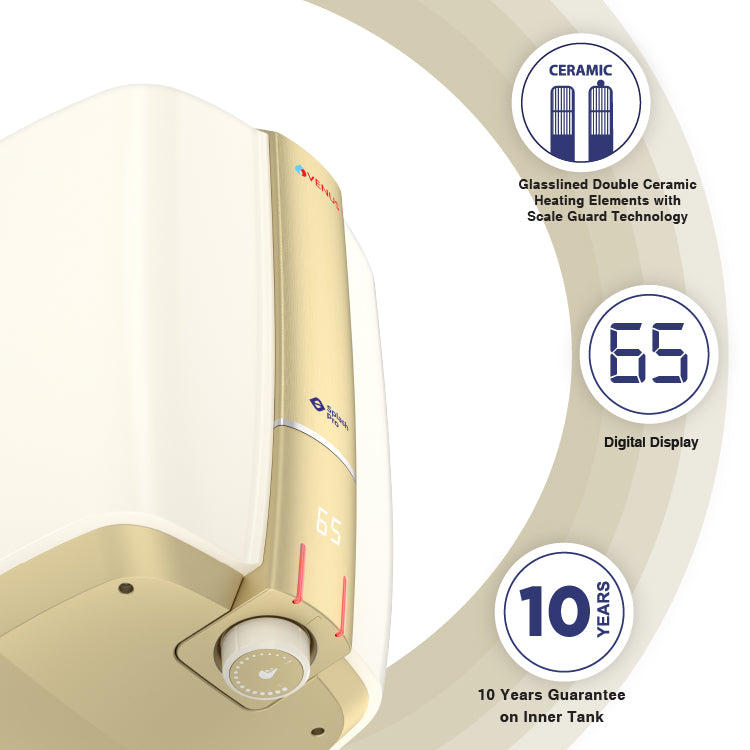 Venus Vertical Water Heater 15L Capacity with Flexible Hose Pipe Splash Pro Smart Ivory