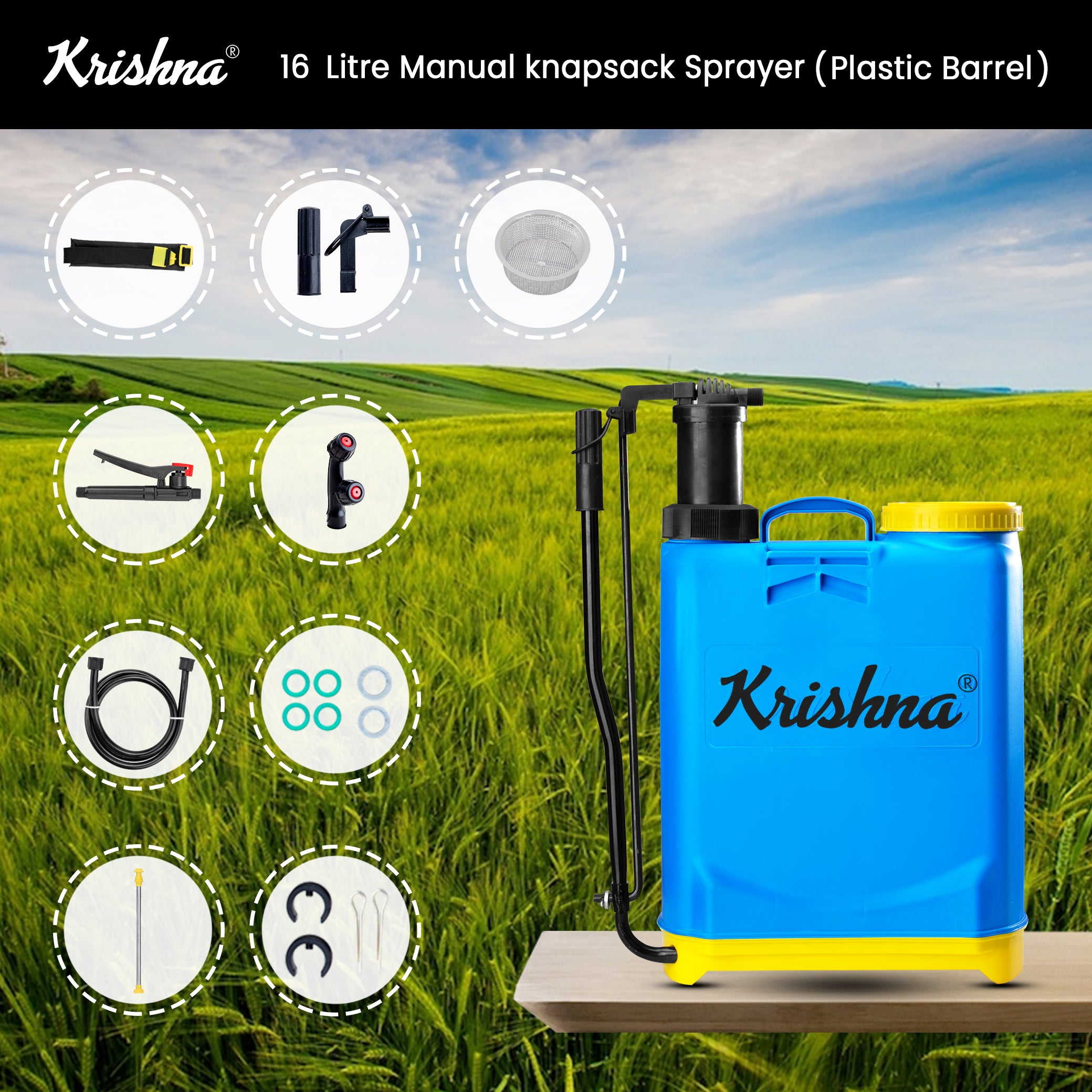 Krishna Plastic Barrel Hand Operated Manual Sprayer For Agriculture And Gardening 16L MFP-MS-PB-PS