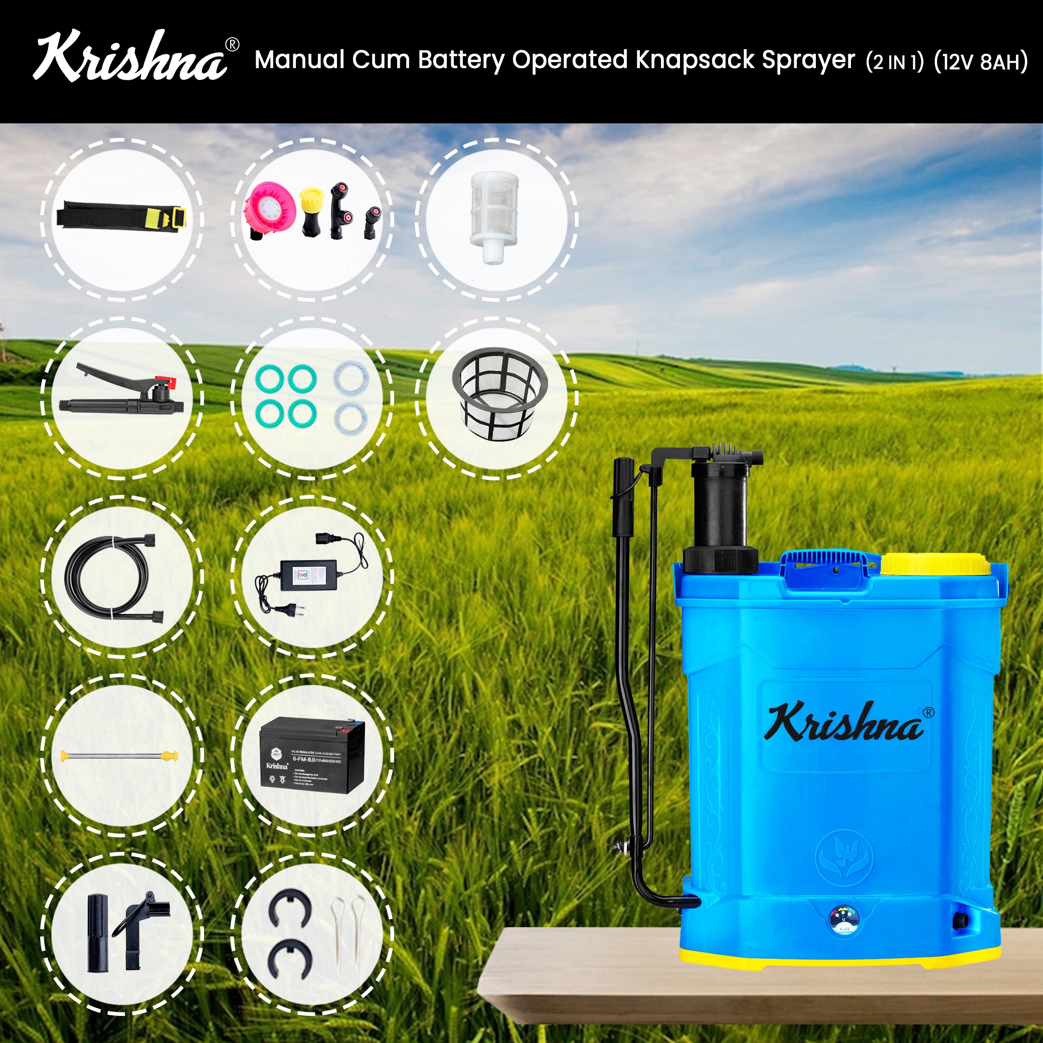 Krishna Hand And Battery Operated Sprayer With Knapsack For Agriculture 20L 12V 8AMP MFP-BT-2IN1-8