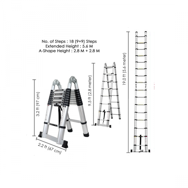 18 ft Telescopic Aluminium Ladder 18 Steps A Type Portable Self Support 150Kg Capacity