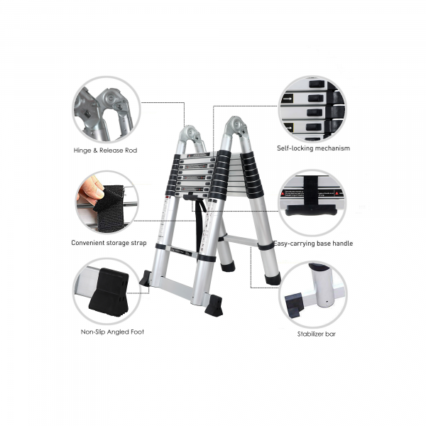 16.5 ft Telescopic Aluminium Ladder 16 Steps A Type Portable Self Support 150Kg Capacity