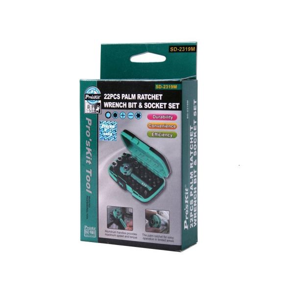 Proskit 22 Pcs Palm Ratchet Wrench Bit & Socket Set SD-2319M